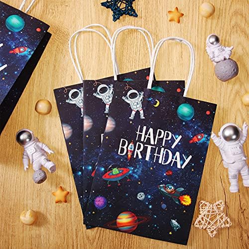 Outus 16 Pack Outer Birthday Space Party Favors Space Goody Bags with Handles Galaxy Gift Bags Kraft Paper Planet Goodie Treat Astronaut Present for Boys Girls Theme Party