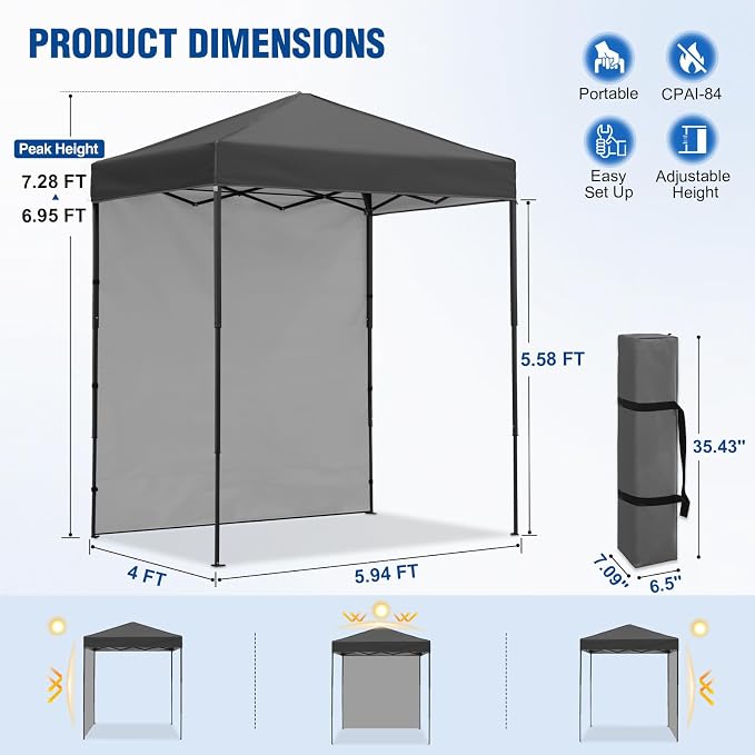 6x4 Pop Up Canopy Tent with One Wall Panel, Instant Portable Beach Canopy, Outdoor Tent with Carry Bag for Camping, Sports, Tailgating, Events, Dark Gray