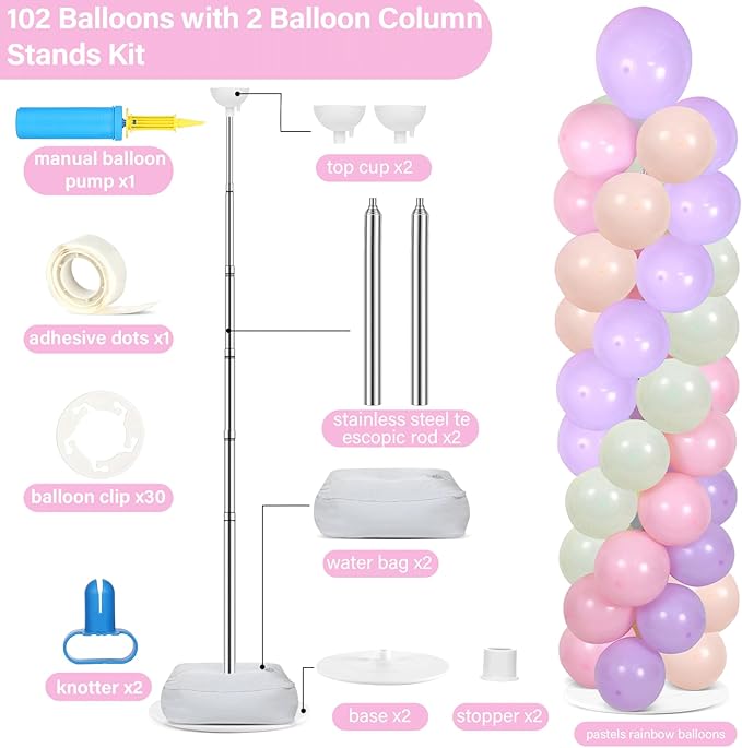 2 Sets Pastel Balloon Column Stand Kit with 100 Balloons Spring Mother's Day Adjustable Balloon Tower Stand with Bases for Floor Macaron Column for Graduation Birthday Rainbow Party Wedding Decor
