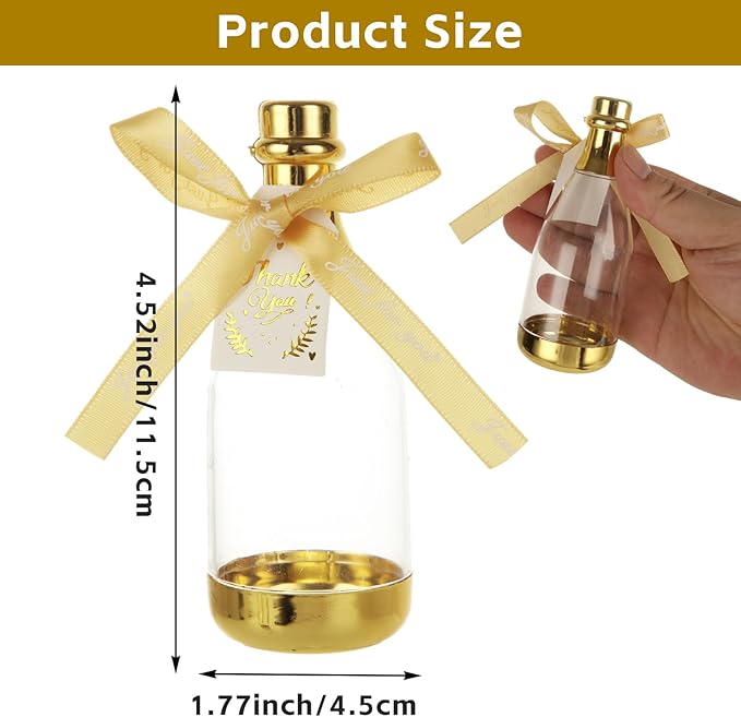36PCS Mini Champagne Bottle Candy Container Shaped Jars Gold Plastic DIY Favor Candy Bottle Wedding Party Favor Containers, Comes with Card and Bow Ribbon