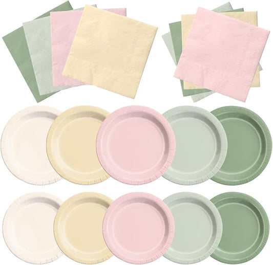 CMUSKO Pink and Green Birthday Decorations-150Pcs Dusty Pink Sage Green Plates & Napkins Kit Serves 50 for Baby Shower, Bridal Shower, Wedding