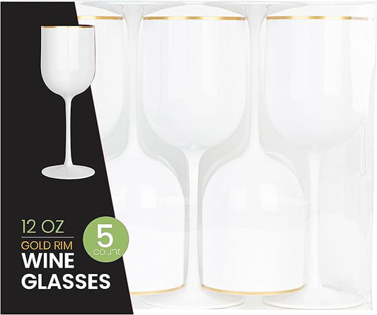 White Wine Cup with Gold rim Plastic Wine Glasses Set of 10 Elegant Wine Goblets Hard Plastic Wine Cups on Stem 12 Ounce