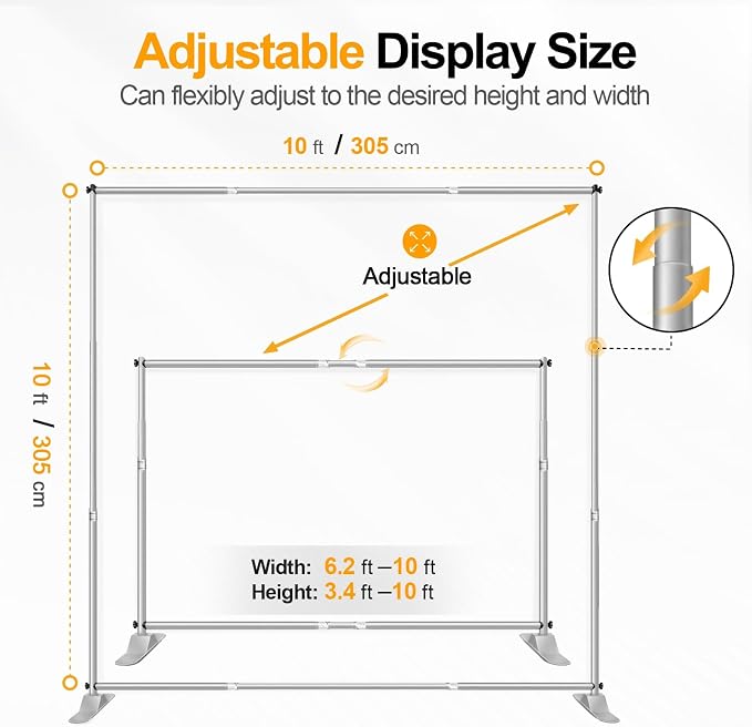 EMART 10x10 ft Heavy Duty Banner Backdrop Stand Kit, Adjustable Frame for Step and Repeat Backdrops, Ideal for Photography, Trade Shows, and Photo Booths, Sliver