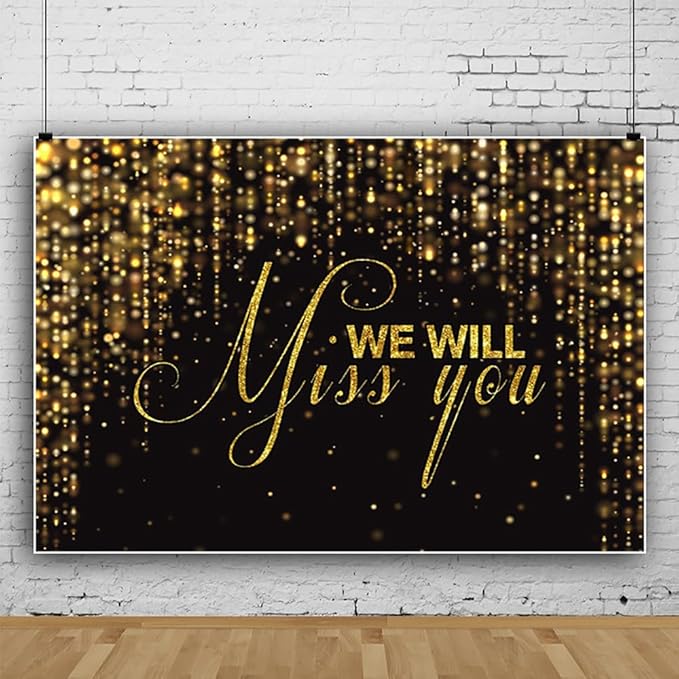 We Will Miss You Backdrop Banner 8x8ft Black Gold Going Away Party Photo Backdrop Background Men Women Goodbye Office Work Congrats Retirement Farewell Anniversary Graduation Party Decors