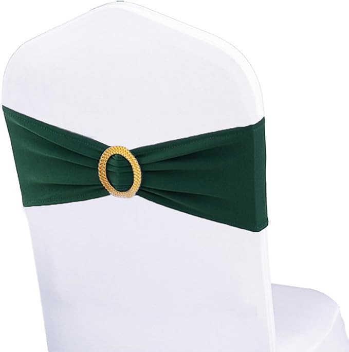 Pack of 100 Spandex Hunter Green Chair Sashes with Gold Buckles, Stretch Chairs Sashes for Wedding Party Baby Shower Ceremony Decor Chair Bands Bows (Hunter Green Sashes, Gold Buckles)