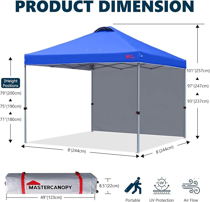 MASTERCANOPY 8x8 Pop Up Canopy Tent with 1 Sidewall, 1 Person Setup Instant Shelter, Outdoor Portable Beach Canopy, 1 Roller Bag, 4 Sandbags, 4 Ropes, 8 Stakes (8x8, Blue)