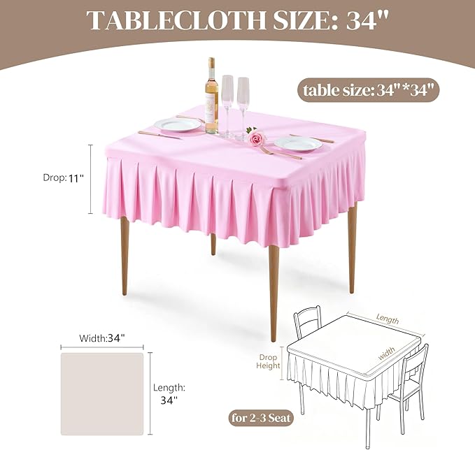 Wish Care 2 Pack Pink Spandex Tablecloths for 34x34 Inch Square Tables, Stretch Fitted Table Clothes with Pleated Ruffle Skirt for 34” Table, Wrinkle Free and Elastic, for Party Kitchen Home Dining
