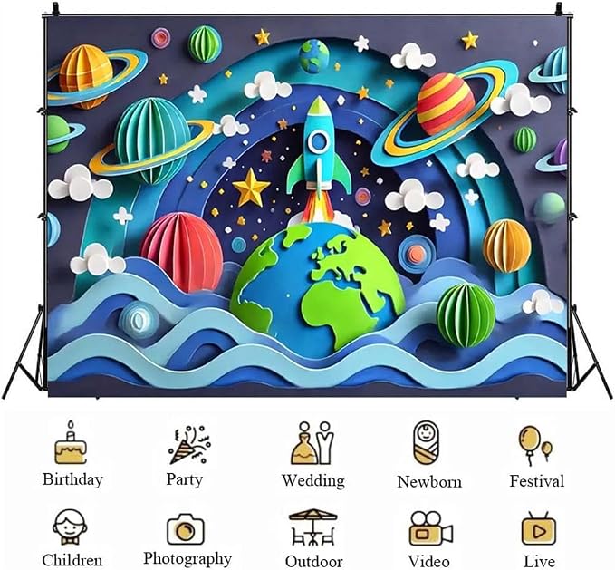 Galaxy Planet Party Photo Backdrop Space Happy Birthday Photography Background for Kids Boys Birthday Celebrations Party Decorations Solar System Planets Galaxy Banner(C, 6x4feet)
