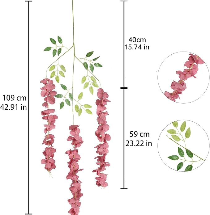 12PCS Artificial Wisteria Hanging Flowers 3.6ft Dusty Pink Fake Hanging Flowers Garland Silk Flowers Rattan String Faux Wisteria Vine for Garden Home Wedding Arch Decoration (Dusty Pink)