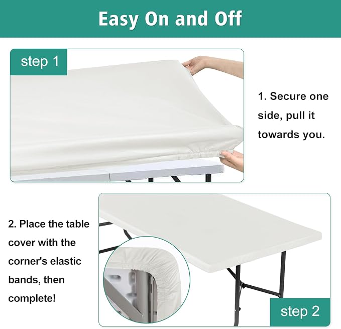 LUSHVIDA 6 Packs Vinyl Tablecloths with Flannel Backing for 8ft Rectangle Folding Table Cloths - Waterproof Plastic Picnic Table Covers with Elastic Corners, 30x96 inch, Ivory