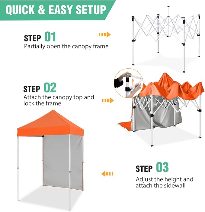 5x5 Pop Up Canopy Tent with One Sidewall, Instant Portable Beach Canopy, Outdoor Tent with Carry Bag for Camping, Sports, Tailgating, Events, Orange