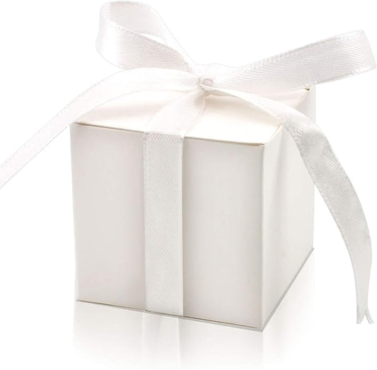 KPOSIYA 70 Pack Favor Boxes 2x2x2 inch Candy Boxes White Gift Boxes with Ribbons for Wedding Baby Shower Decorations Birthday Party Supplies