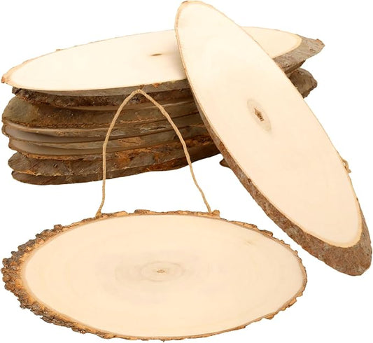 MUKCHAP 10 PCS Oval Wood Slices, 4.7 x 13.7 x 0.4 inch Unfinished Craft Wooden Slices Hanging Signs with Jute for DIY, Painting, Ornament
