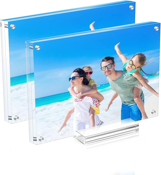 2 Pack Acrylic Picture Frame 4×6 Clear Double Sided Magnetic Photo Frame - Frameless Baby Friend Family Picture Desktop Display with Support Stand and Gift Boxes