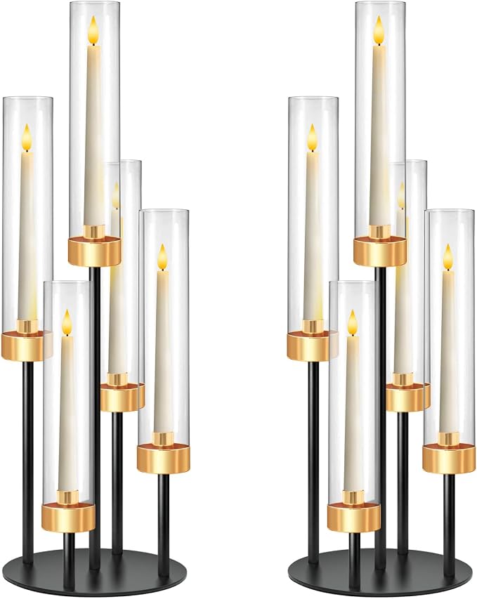 2 PCS 5-Arm Black+Gold Metal Table Candelabra Centerpiece, 22" Tall Clear Acrylic Candlesticks Holder with Shade for Valentines Day Events Party Table Centerpiece,Fit LED Candles