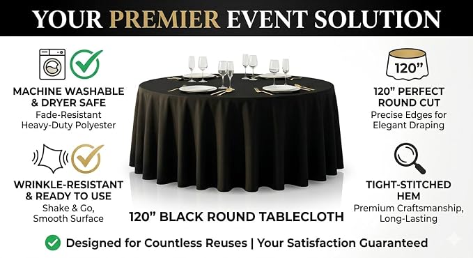 120 Inch Black Polyester Tablecloth, Soft & Easy to Iron, Stain Resistant Wrinkle Free Circle Table Cover, Washable Reusable for Wedding, Party, Birthday, Banquet & Reception