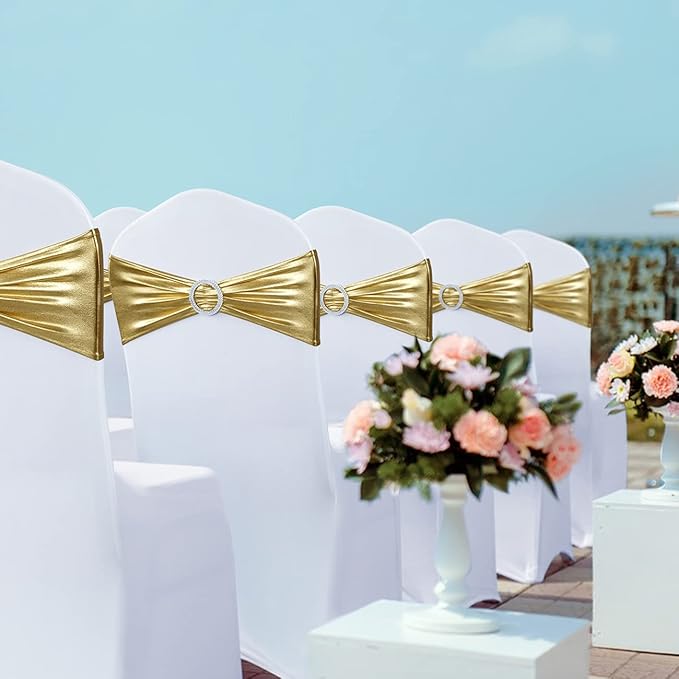 Spandex Chair Sashes Bows - Babenest 30PCS Premium Stretch Chair Cover Band with Buckle Slider Universal Elastic Chair Ties for Wedding Party Ceremony Reception Banquet Decoration (Metallic Gold)