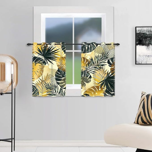 Green and Gold Leaves Blackout Curtains Tropical Jungle Plants Gold Palm Leaf Window Curtains for Bedroom Living Room Home Decor Palm Leaves Botanical Decorative Drapes,26x36 inch,2 Panels