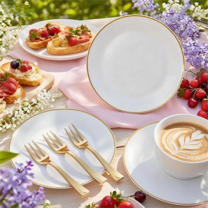 Festiva 200Pcs Gold Dessert Plates 6.3" with Forks 5"- Small Disposable Dessert/Appetize/Cake Plates Plates- serve 100 guests include 100Plates 100Forks for Wedding &Birthday Party & Outdoor