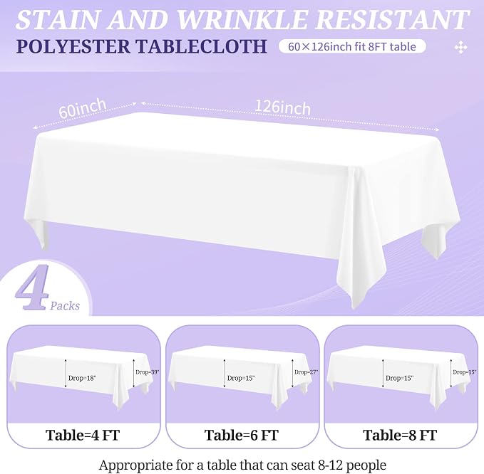 4 Pack White Tablecloths for 8ft Rectangle Tables 60 x 126 Inch - Polyester Table Cover Stain and Wrinkle Resistant Washable Fabric Table Clothes for Wedding Party Banquet Reception Restaurant
