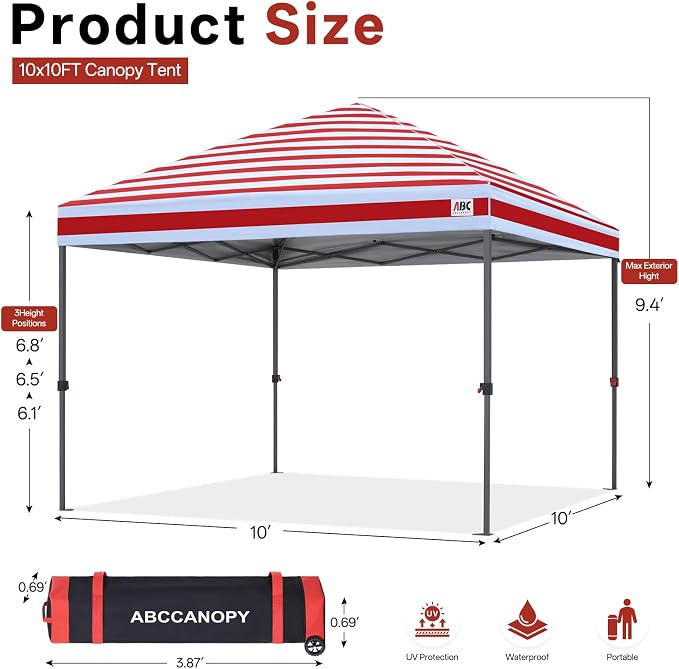 ABCCANOPY 10x10 Pop Up Canopy Tent, Easy Setup Instant Shelter with Wheeled Bag, Heavy Duty Outdoor Canopy for Beach, Market, Backyard, UV Protection, Outdoor Weather Protection (Red Stripes, 10x10)