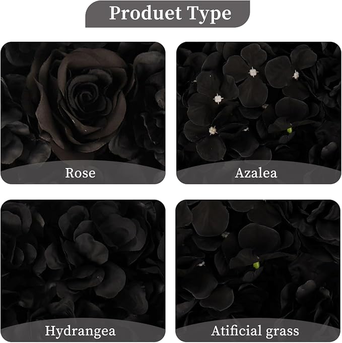 3D Flower Wall Backdrop - 12Pcs 15×15 Inch Artificial Rose Panels Black Silk Floral Decor for Home Party Wedding Anniversary Birthday Photographic Studio Background & Decorative Fences