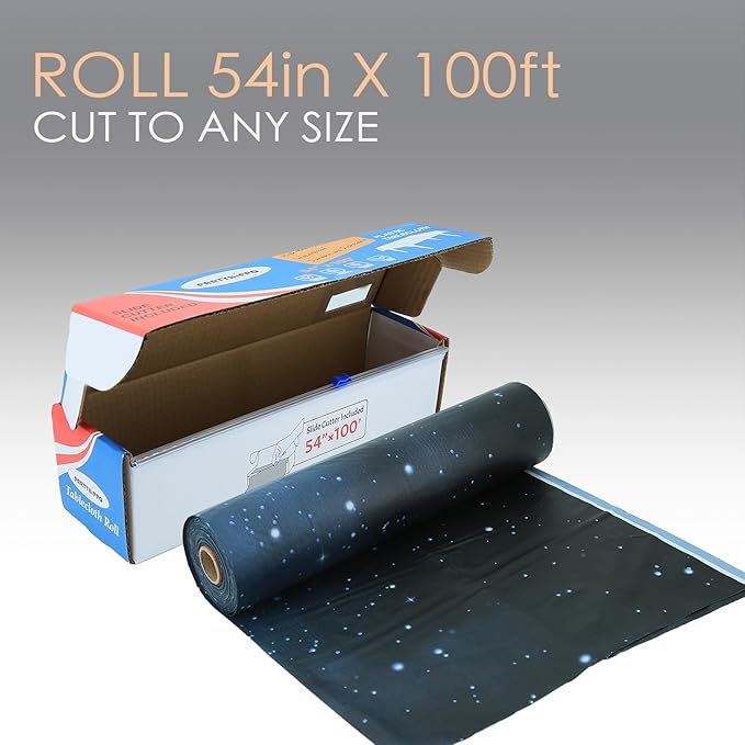 Disposable Tablecloth Roll 54" x 100' with Built-in Cutter Box – Heavy Duty Waterproof, Wrinkle-Resistant Plastic Table Cover – Cut to Size for Rectangle, Round & Oval Tables – Starry Sky