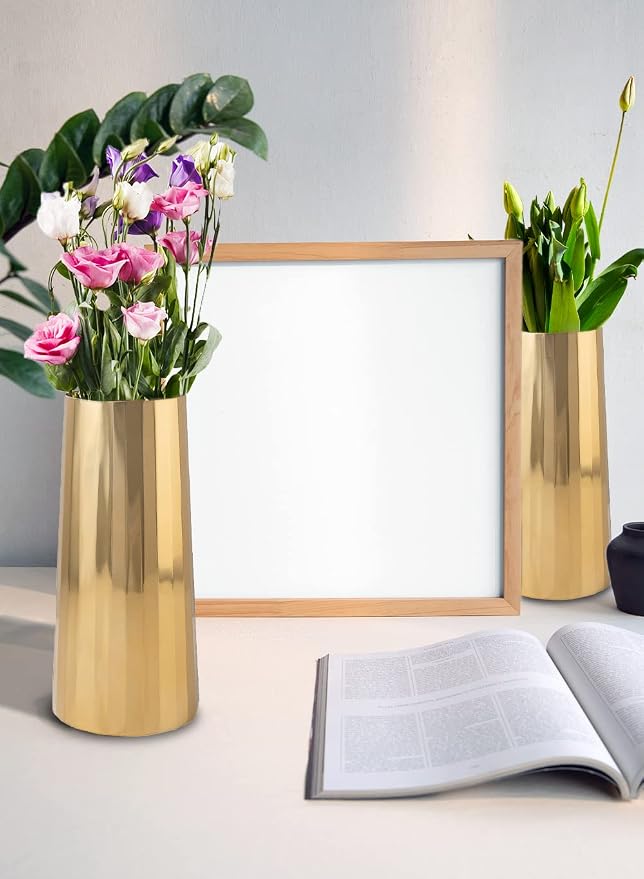 Serene Spaces Living Large Gold Cylinder Metal Vase, Elegant Flower Vase for Wedding, Anniversary, Event, Home Decor, Table Centerpiece for Coffee Table, Dining Table, Countertop, 4.25" Dia & 9" Tall