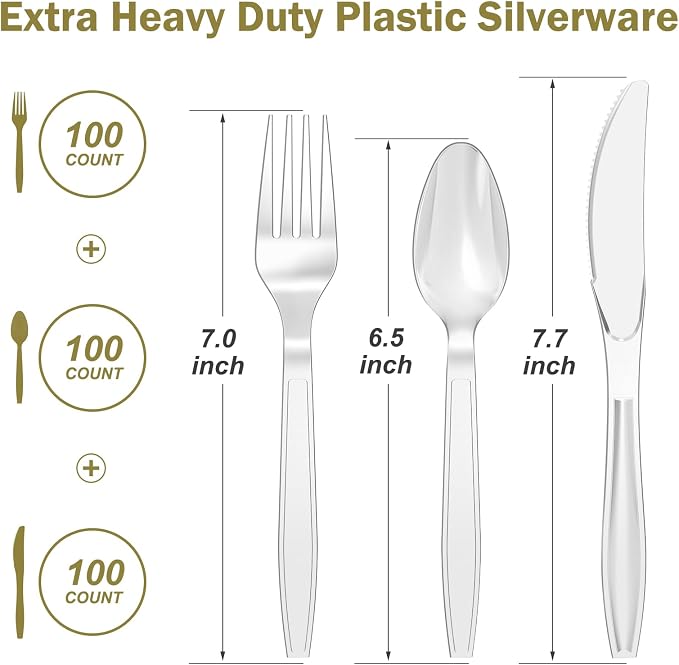 Dealusy 300 Count Extra Heavy Duty Silver Plastic Silverware, 100 Forks, 100 Spoons, 100 Knives, BPA-Free, Heat Resistant, Disposable Plastic Utensils Set, Plastic Cutlery Set, Plasticware Bulk