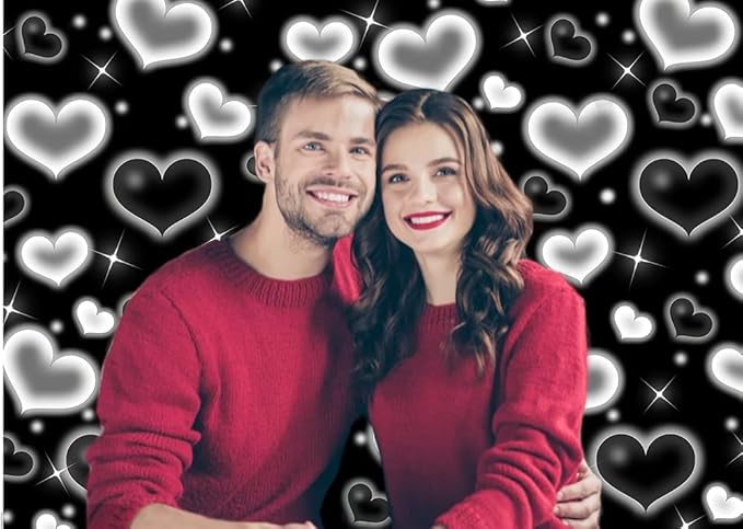 Dudaacvt 7X5FT Black Heart Photo Backdrop 90s Backdrops for Photoshoot Valentine's Day Backdrop Women Men Happy Birthday Photography Background Banner Photo Booth Studio Props D695