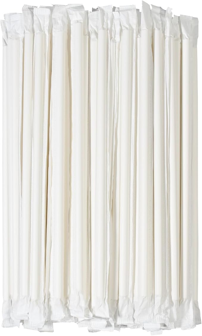 [300 Pack] Biodegradable 10 Inch Long Giant Paper Drinking Straws 8mm Wide - Individually Wrapped, Plain White