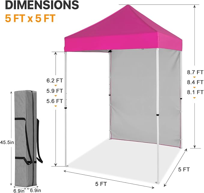 COOS BAY 5x5 Pop Up Canopy Tent with Side Wall, Easy Setup Portable Sun Shelter with Carry Bag, Outdoor Shade for Beach, Camping, Sports & Backyard, Pink