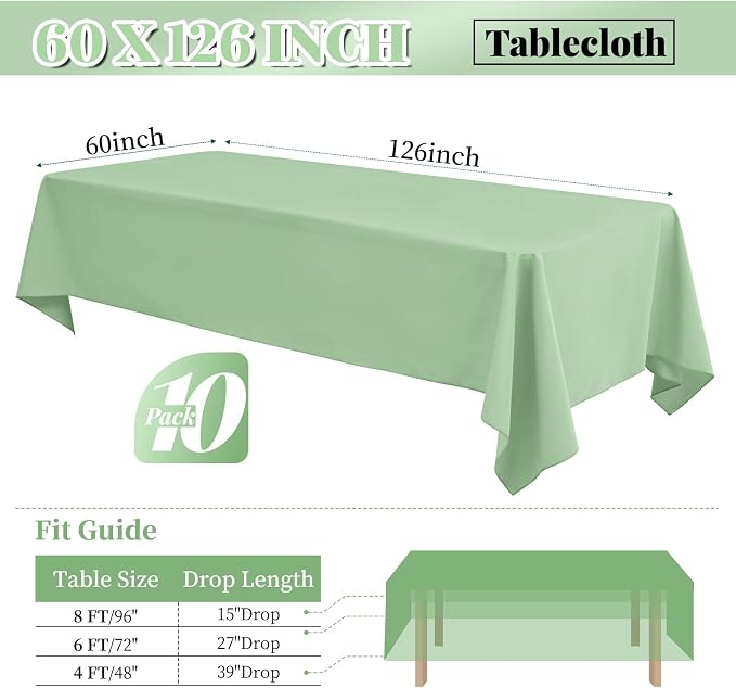 10 Pack 60 x 126 Inch Tablecloth, Sage Green Tablecloth for 8 Feet Rectangle Tables, Stain and Wrinkle Resistant Washable Fabric Table Cloth for Wedding Party Dining Table Buffet Parties Camping