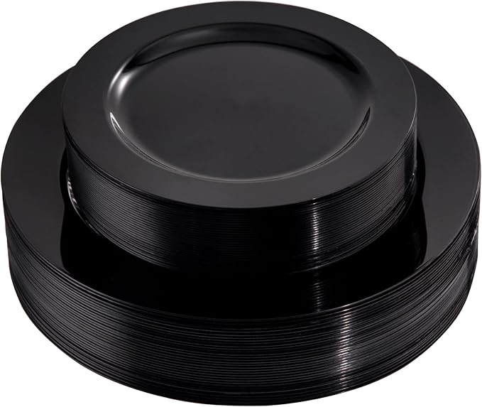 FLOWERCAT 60PCS Black Plastic Plates - Heavy Duty Black Disposable Plates for 30 guests Graduation Party/Wedding/Memorial Day - Include 30PCS 10.25inch Dinner Plates and 30PCS 7.5inch Dessert Plates