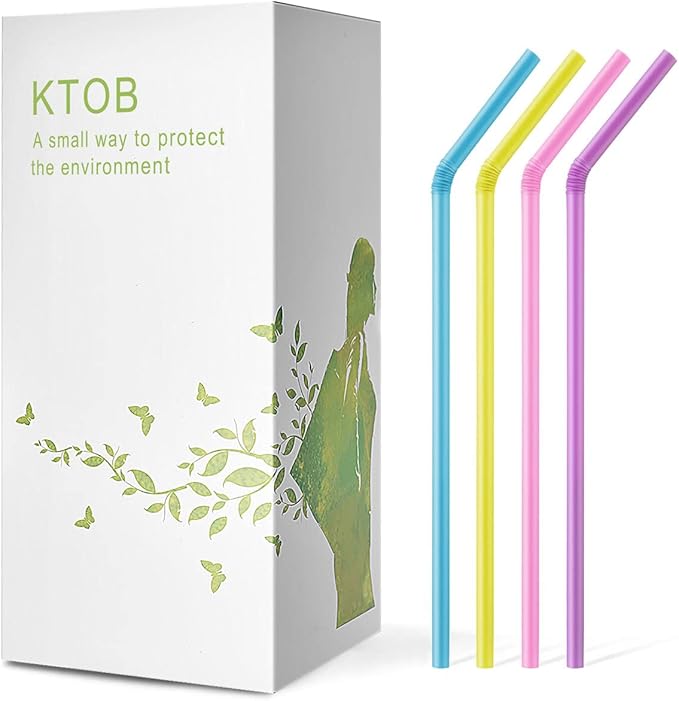 KTOB Biodegradable Flexible Drinking Straws - 200 Count 100% Plant-Based Compostable Colorful Eco Friendly Alternative to Disposable Plastic Straws