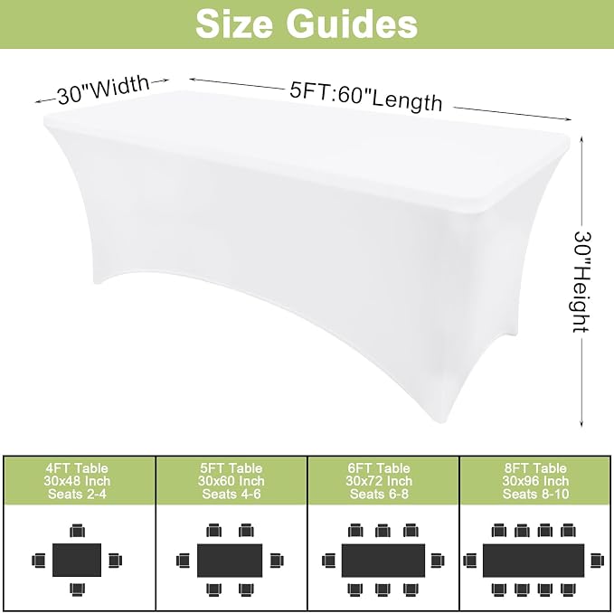 Moosfor Spandex Elastic Fitted 5FT Rectangle Tablecloth 6 Pack, Stretch Washable Reusable Table Cover for Outdoor Picnic, Dining, Wedding, Banquet & Party Events (White, 60Lx30Wx30H Inch)