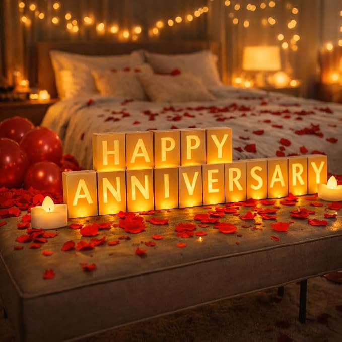 Happy Anniversary Light Up Letters, Include Light up Letters, with Tea Lights Candles, Latex Balloons, Aluminum Balloons and Rose Petals, Anniversary and Valentines' Day Decorations