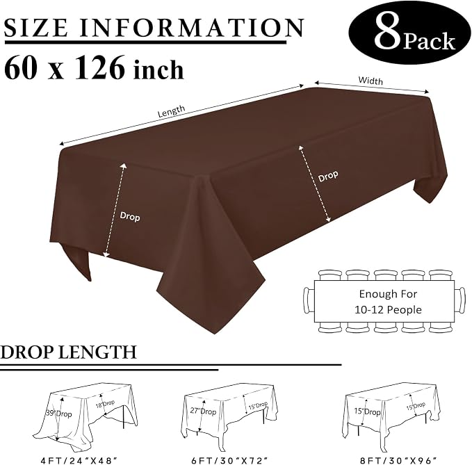 8 Packs Brown Tablecloth Rectangle 60x126 Inch Rectangular Table Cloths for 8ft Rectangle Tables, Wrinkle Resistant Polyester Fabric Tablecloth Washable Table Covers for Wedding Party Buffet