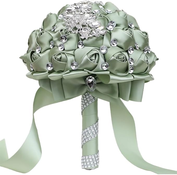 Wedding Bridal Bouquet with Silver Brooch Bling Rhinestone for Bride Bridesmaid Quinceanera Satin Rose Flower Bouquet Wedding Sage Green 7.1in