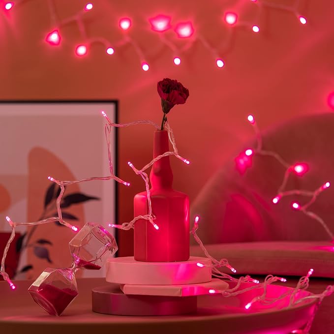 YULETIME 300 Pink String Lights, 100 ft 8 Models Clear Wire Wide Angle LED | 5mm Bulbs, Safe 29V Adapter, Multimode Lighting, Connectable, 100' Total Length, 1-Strand 300 Lights, 4" Spacing