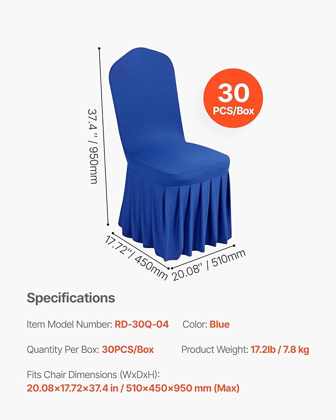 VEVOR Chair Covers, Polyester Spandex Chair Cover, Stretch Slipcovers for Wedding Party Dining Banquet Flat-Front Chair Covers (Royal Blue-d, 30PCS)