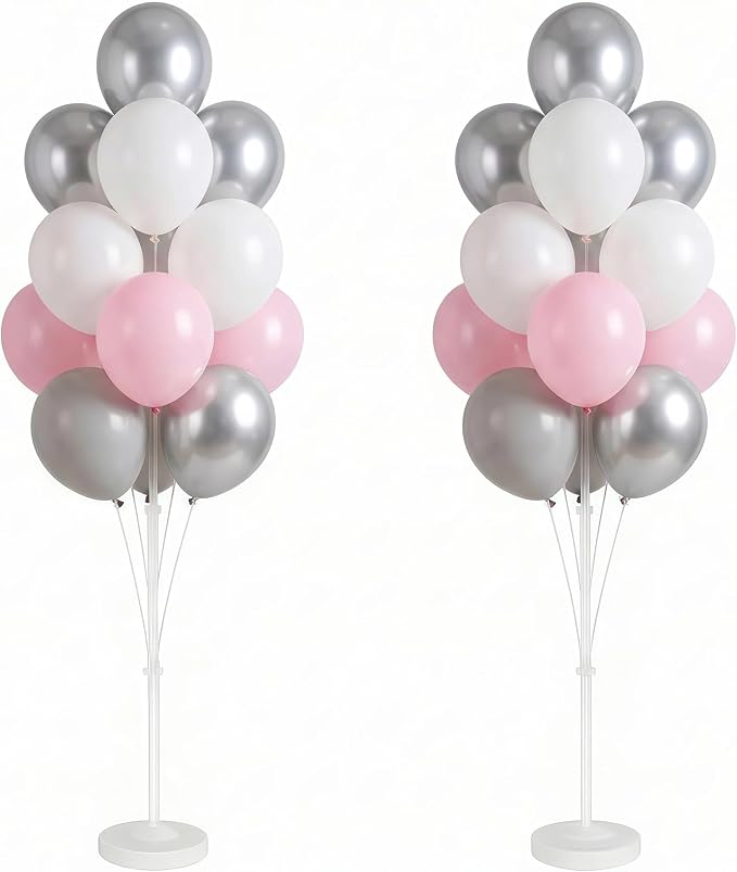2 Set Balloon Stand Kit with Metallic Silver Pearl Light Balloons Column Kit for Floor&Table Backdrop Decor for Theme,Gender Reveal Party Weddind,Bridal Shower Birthday Graduation