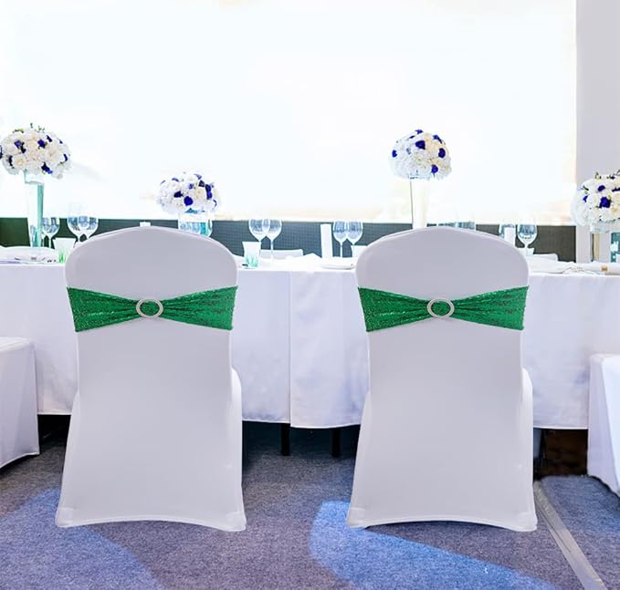 Sequin Green Chair Sashes 100 Pack Glitter Christmas Chair Bows Emerald Green Chairs Bands with Buckles for Wedding Birthday Party Bridal Shower Anniversary Engagement Events Decorations