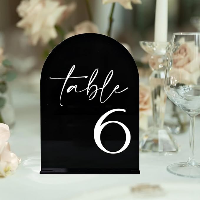 Black Arch Acrylic Table Numbers with Stands 1-25, 5x7" Black Arched Acrylic Sign and Base, Arch Table Numbers for Wedding Reception
