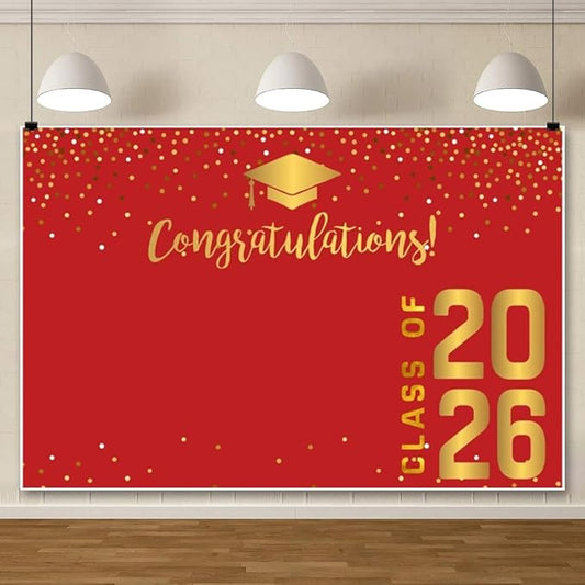 ChloropLastid 12x8ft Congrats Grad Backdrop Red Gold Class of 2026 Glitter Dots Photography Background Bachelor Cap Graduation Backdrop Banner for Graduation Prom Party Photo Booth Props