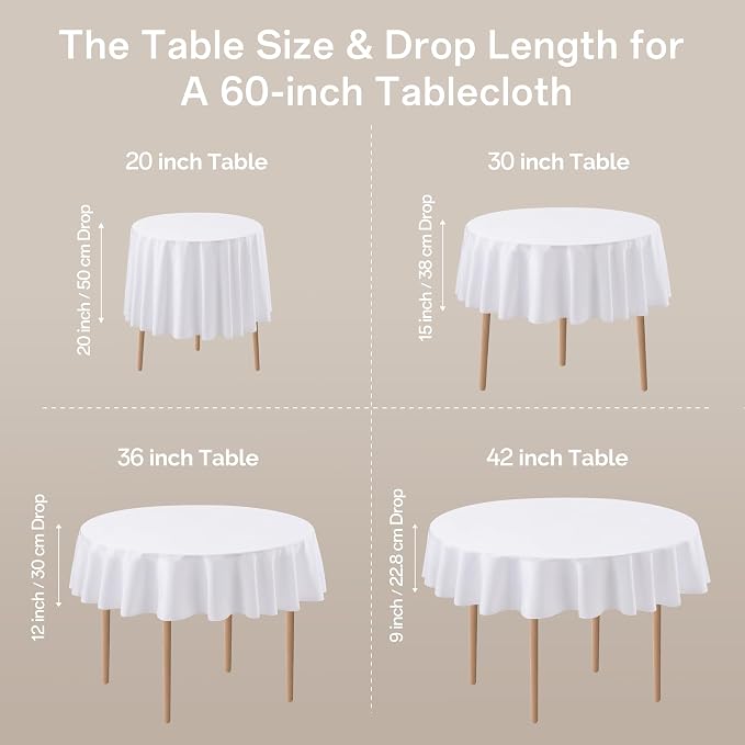 joybest 6 Pack Round Tablecloths - 60 Inches in Diameter White Table Cloth Fit 20 to 42 Inches Tables, Washable Polyester Fabric Table Cover for Dining, Buffet Party, Wedding