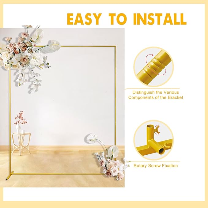 Gold Wedding Arch Backdrop Stand, 6.6FT*5FT Square Balloon and Flower Metal Aluminum Frame for Ceremony, Anniversary, Party, Baby Shower Photo Booth Decoration.