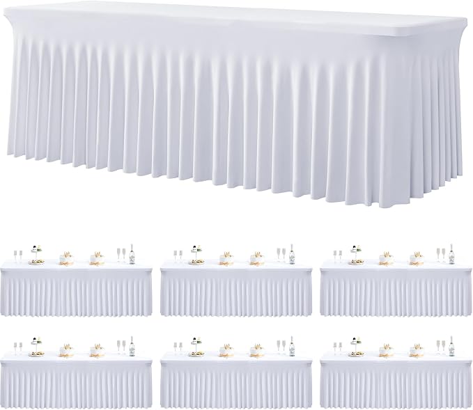 6 Pack Spandex White Tablesloths for 8 Foot Rectangle Tables, Stretchy Table Cloths 8ft Fitted Table Cover Desk Skirt for Parties Weddings Birthday Banquet Baby Shower