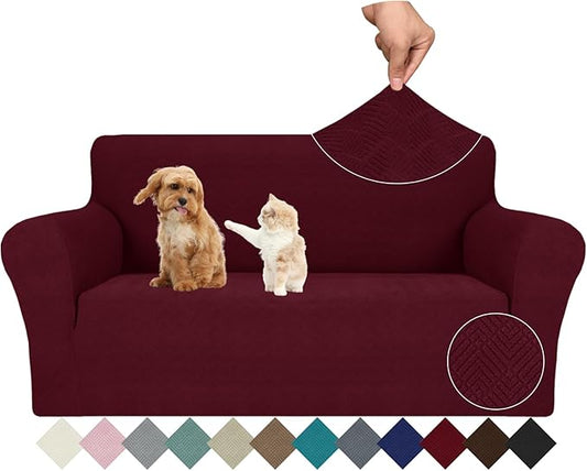 JIVINER Stretch Loveseat Slipcovers 1 Piece Love Seat Sofa Cover Spandex 2 Seater Couch Covers Universal Furniture Protector with Elastic Bottom (Medium, Wine Red Rhomb)