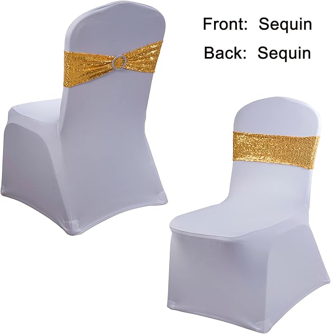 All Sequin Gold Chair Sashes 100 Pack, Gold Sequin Chair Sashes Bows for Wedding Party Folding Chair Decoration, Golden Chairs Band with Buckles for Fiesta Event Decorations